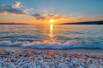Aufkleber - Sunset over calm sea with colorful clouds and pebbles along the shore at dusk