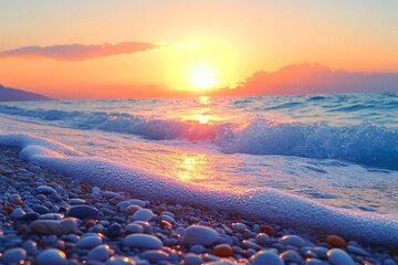 Aufkleber - Vibrant sunset over calm ocean waves on a tranquil beach with pebbles and soft foam in the evening sky