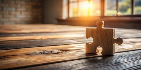 Poster - Single Wooden Puzzle Piece on Rustic Tabletop in Sunlight