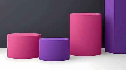 Wall Mural - Pink and purple cylindrical displays on a white surface against a dark grey background; product presentation mockup
