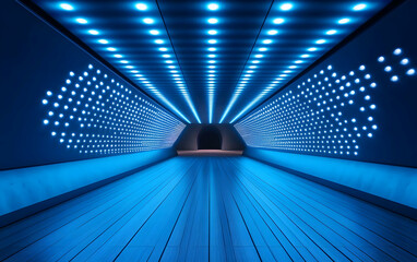 Poster - A modern tunnel illuminated with vibrant blue LED lights, creating a futuristic atmosphere. Ideal for themes of innovation and progress.
