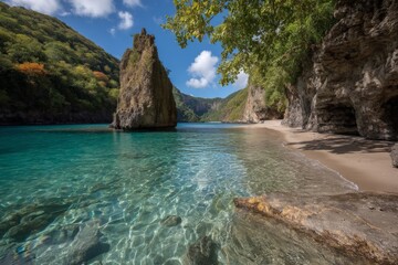 Aufkleber - Breathtaking coastal view with clear turquoise water and rocky formations during a sunny day