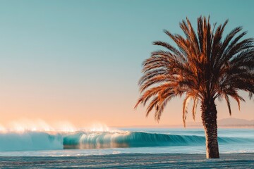 Aufkleber - Coastal view with palm tree and crashing waves at sunset in a serene beachfront location