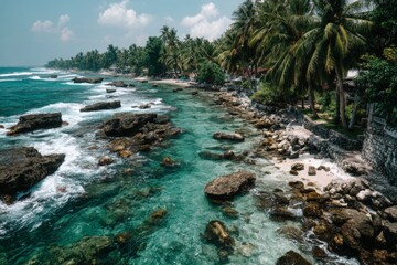 Poster - Coastal view featuring rocky shoreline and palm trees under a clear sky during midday by the ocean