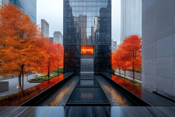 Aufkleber - Urban landscape with vibrant autumn foliage and sleek architecture reflecting in water at twilight in a metropolitan area