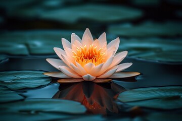 Poster - Elegant white water lily blooming in a tranquil pond surrounded by lush green lily pads at dusk