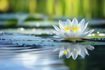 Poster - Beautiful white water lily blooming on a tranquil pond during midday sunshine