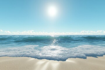 Aufkleber - Bright sun shines over tranquil ocean waves at a serene beach during mid-morning hours