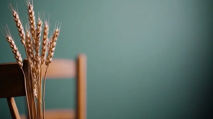 Poster - This close-up showcases a solitary ear of wheat, featuring intricate details of grains and stalk against a soft green backdrop, perfect for rustic themes