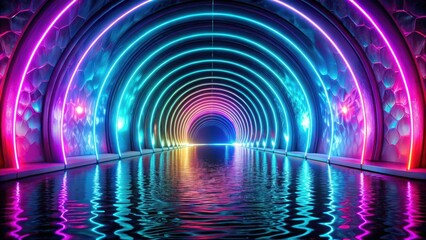 Leinwandbilder - Reflective Neon Tunnel with Vibrant Chromatic Illumination and Hexagonal Walls