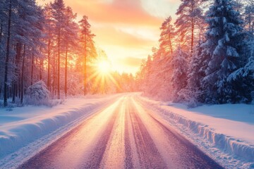 Poster - Bright sunrise illuminating a winter road through snowy trees in a serene landscape