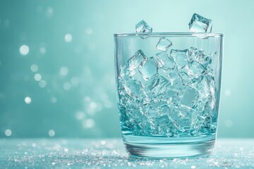 Poster - Fresh ice cubes splashing into a clear glass on a turquoise background during daytime