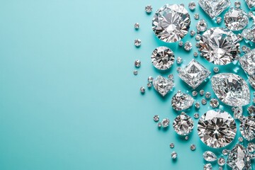Poster - Elegant display of assorted diamonds arranged on a turquoise background highlighting their brilliance and clarity