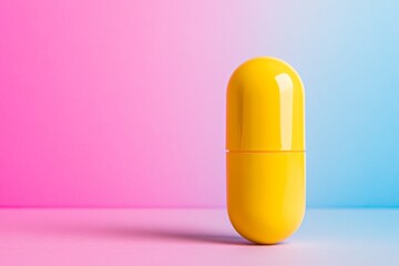 Poster - A single glossy yellow capsule rests on a softly blurred pastel surface, creating ample space for promoting health benefits and wellness education