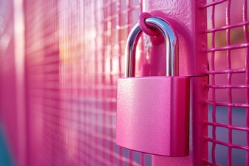 Aufkleber - Bright pink padlock securing a vibrant mesh fence in golden sunset light at a city park