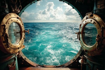 Aufkleber - View of calm ocean waters through port holes of a traditional submarine at midday with clouds in the sky