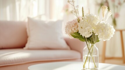 Poster - elegant bouquet of flowers on a coffee table in a cozy living room during the afternoon light