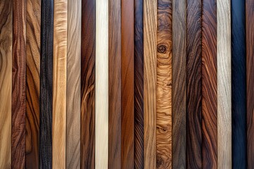Aufkleber - Various types of polished wooden planks showcasing unique grain patterns and colors in a collection