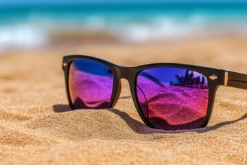 Aufkleber - Stylish sunglasses resting on golden sand at a sunny beach with turquoise waves in the background