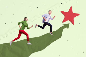 Poster - Art image creative photo collage of happy businessman businesswoman stand arrow development star review best mark achievement
