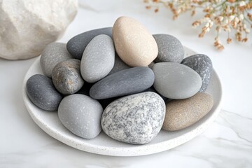 Poster - Natural stones and pebbles arranged aesthetically on a circular plate in a serene indoor environment during daylight