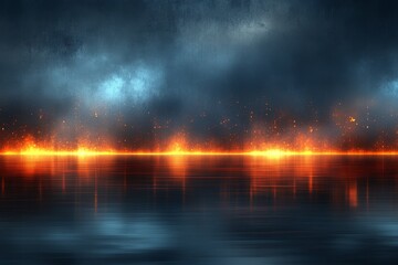 Poster - Dramatic landscape featuring fiery horizon over dark water under a stormy sky at twilight
