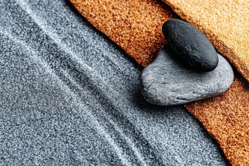 Aufkleber - Smooth stones resting on layers of colored sand create a calming natural display at the beach during golden hour