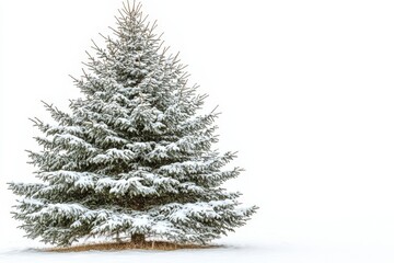Poster - Snow-covered evergreen tree stands alone in winter landscape during a serene daytime