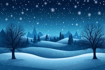 Poster - Beautiful winter landscape with snowflakes falling over mountains and trees at night in serene blue hues