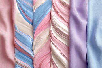 Poster - Colorful fabric swatches showcasing various textures and patterns in pastel shades, ideal for creative projects and fashion design