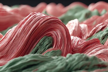 Fototapete - Abstract composition of textured waves in vibrant shades of red and green showcasing intricate formations and patterns