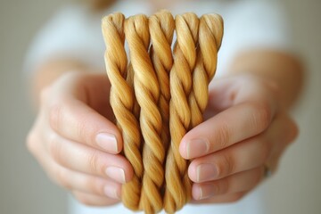 Aufkleber - Delicious handmade twisted breadsticks held by a person in a bright kitchen setting showcasing culinary skill and artistry