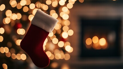 Poster - Single red Christmas stocking decorates a rustic fireplace mantle, with a softly blurred background featuring glowing string lights and a festive tree