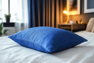 Poster - Cozy blue pillow placed on a neatly made bed in a modern bedroom during the evening hours
