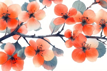 Poster - Beautiful watercolor blossoms in soft orange and gray hues create an elegant floral design on a white background
