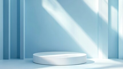 Aufkleber - Minimalist blue room with white cylindrical platform, sunlit.