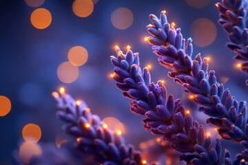 Poster - Delicate lavender sprigs illuminated by soft lights against a dreamy bokeh background at night