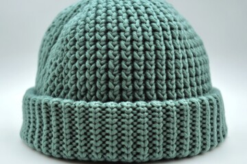 Poster - Knitted teal beanie displayed on a plain background showcasing its texture and design details