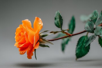 Poster - Bright orange rose with dew drops captured in a close-up on a subtle gray background