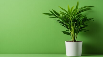 Leinwandbilder - A beautifully arranged tropical parlor palm in a sleek white ceramic pot sits gracefully against a soft green backdrop, adding modern elegance to the space
