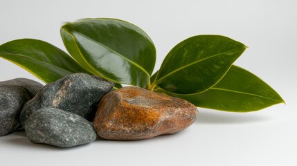 Leinwandbilder - A tropical plant with lush green leaves rests among smooth rocks, creating a serene botanical composition with ample copy space on the right