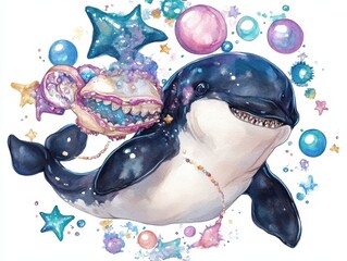 whimsical orca adorned with celestial seashells and stardust
