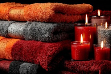 Poster - Warm towels arranged neatly next to lit candles create a cozy atmosphere in a tranquil setting