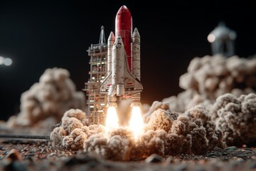 Poster - Rocket launch at night with fiery boosters and clouds of dust from the launchpad