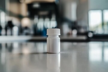 Poster - Small white pill bottle with a detailed label rests on a smooth pharmacy counter, softly lit against a sterile background, providing clear copy space for text
