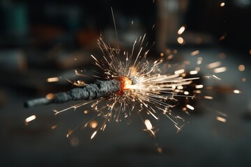 Poster - Sparking firework glowing brightly in a darkened workshop setting during a festive celebration at night