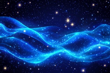 Leinwandbilder - Vibrant waves of blue light create a cosmic scene with shimmering stars and a deep night sky