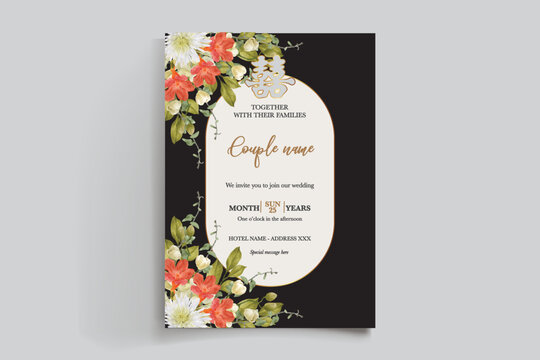 WEDDING INVITATION FRAME WITH FLOWER DECORATIONS AND FRESH LEAVES