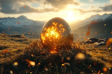 Poster - Golden egg emerging from the ground amidst mountains at sunset