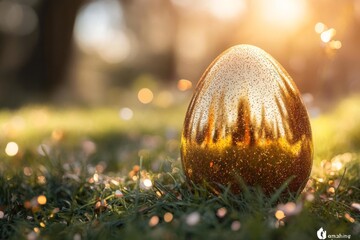 Aufkleber - Golden egg resting on green grass during sunset highlights creativity and joy of festive celebrations